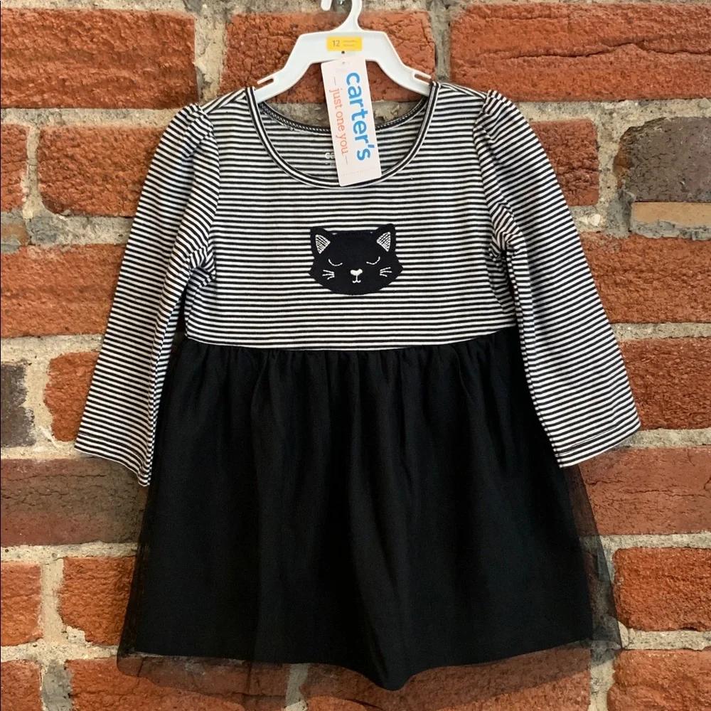 🖤 NWT Striped Cat Dress w/ Tulle Skirt & Diaper Cover - Carter’s - 12M 🖤